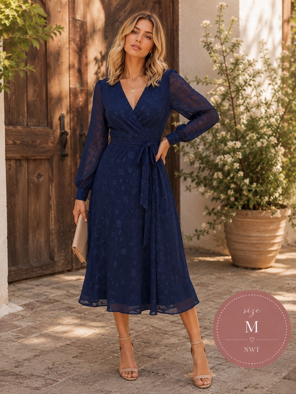Lulus NWT Evening of Elegance Navy Floral Jacquard Wrap Dress Long Sleeve Size M